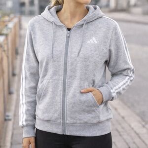 Adidas Women’s Full Zip Hoodie Light Gray White Stripe Small NWT